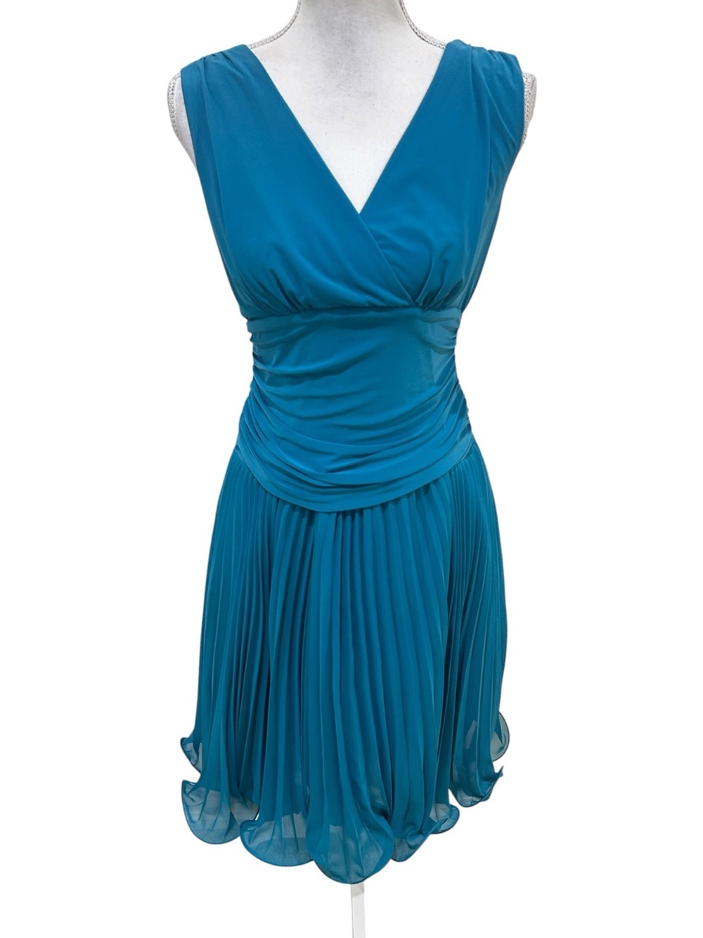 SL Fashions Teal Sleeveless V-Neck Pleated Midi fit & flare Dress sz 8